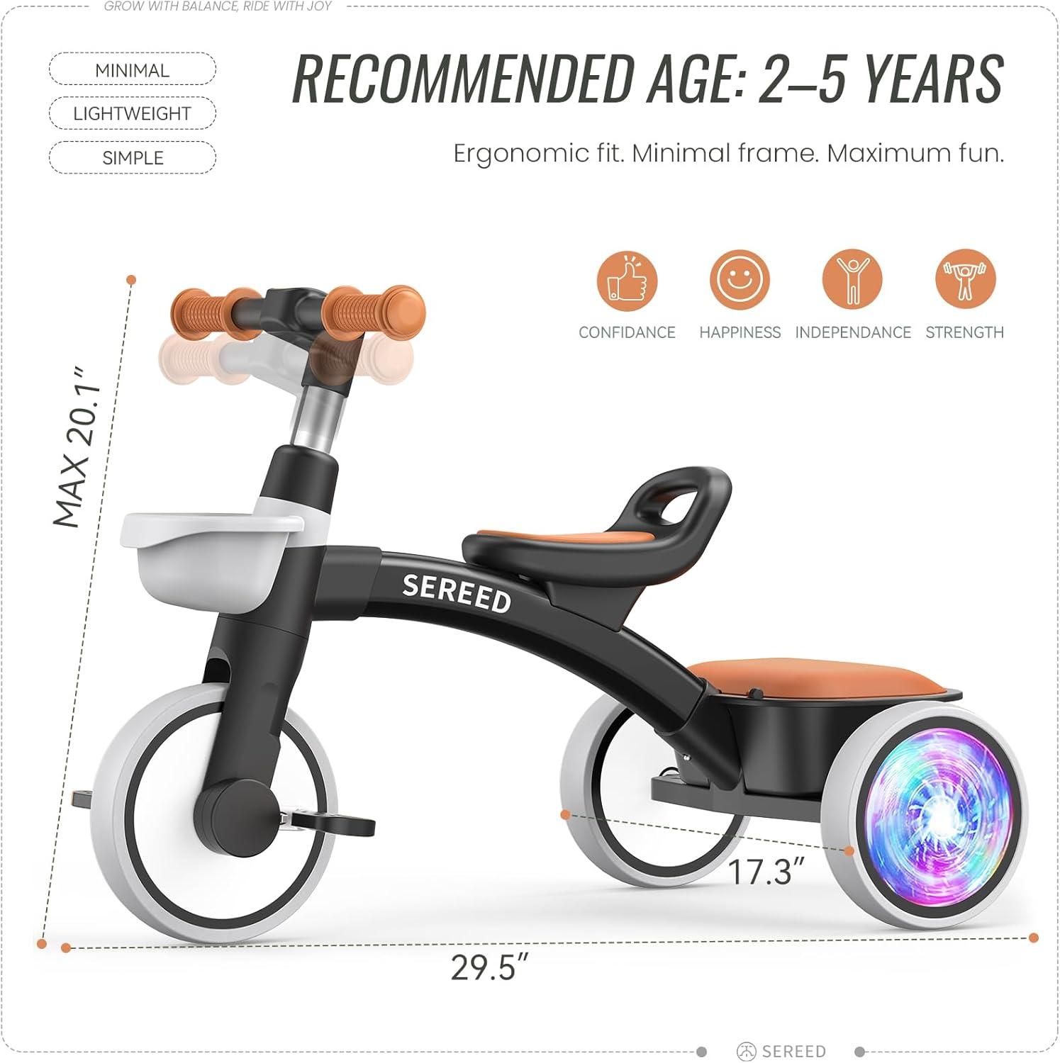 imageSEREED Colorful Lighting Toddler Tricycle for 25 Years Old Boys Adjustable SeatampampHandlebar Trike Removable Basket Birthday Gift Idea for Kids Ages 2 BlackBlack