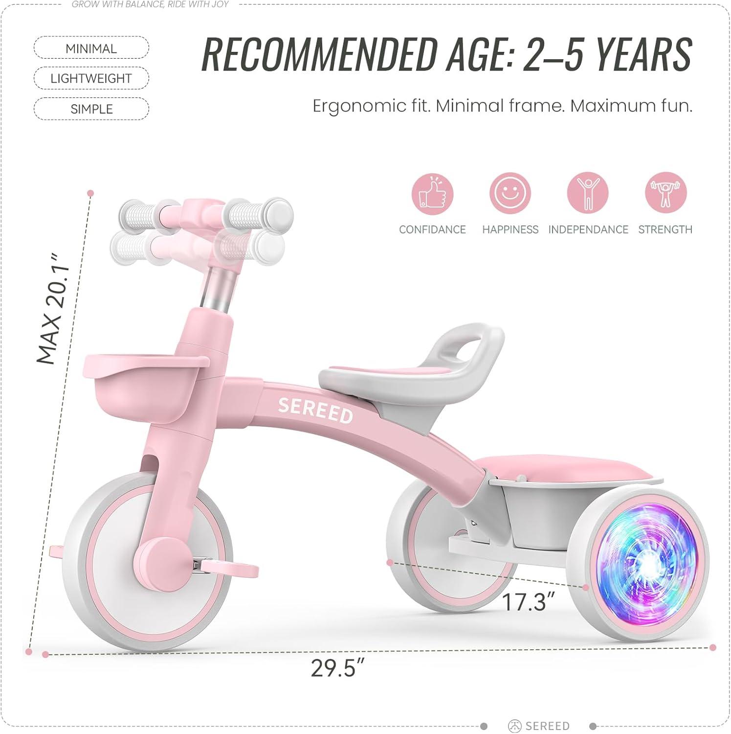 imageSEREED Colorful Lighting Toddler Tricycle for 25 Years Old Boys Adjustable SeatampampHandlebar Trike Removable Basket Birthday Gift Idea for Kids Ages 2 BlackPink