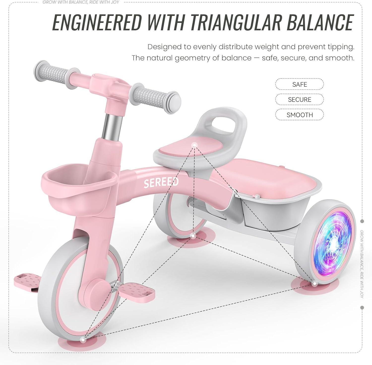 imageSEREED Colorful Lighting Toddler Tricycle for 25 Years Old Boys Adjustable SeatampampHandlebar Trike Removable Basket Birthday Gift Idea for Kids Ages 2 BlackPink