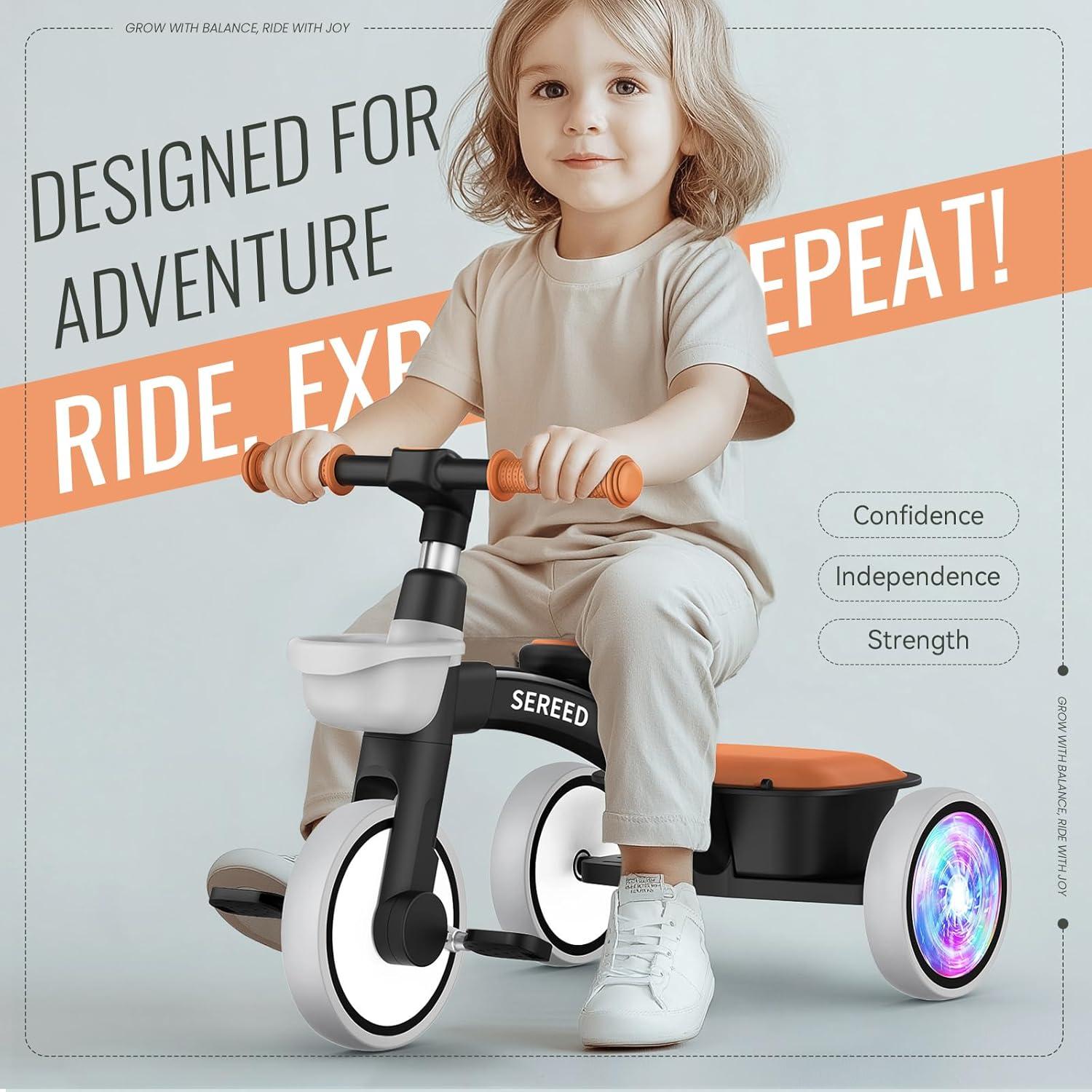 imageSEREED Colorful Lighting Toddler Tricycle for 25 Years Old Boys Adjustable SeatampampHandlebar Trike Removable Basket Birthday Gift Idea for Kids Ages 2 BlackBlack