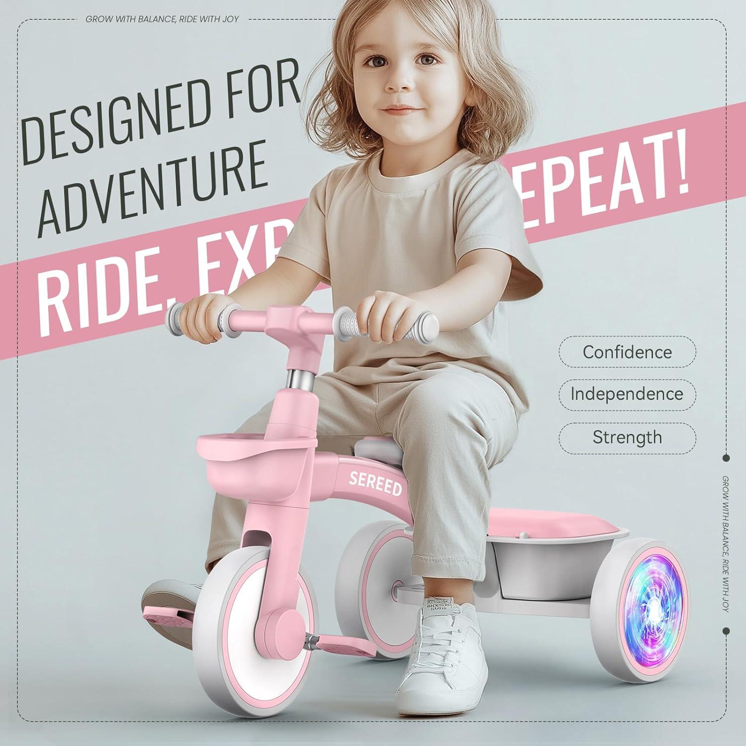 imageSEREED Colorful Lighting Toddler Tricycle for 25 Years Old Boys Adjustable SeatampampHandlebar Trike Removable Basket Birthday Gift Idea for Kids Ages 2 BlackPink