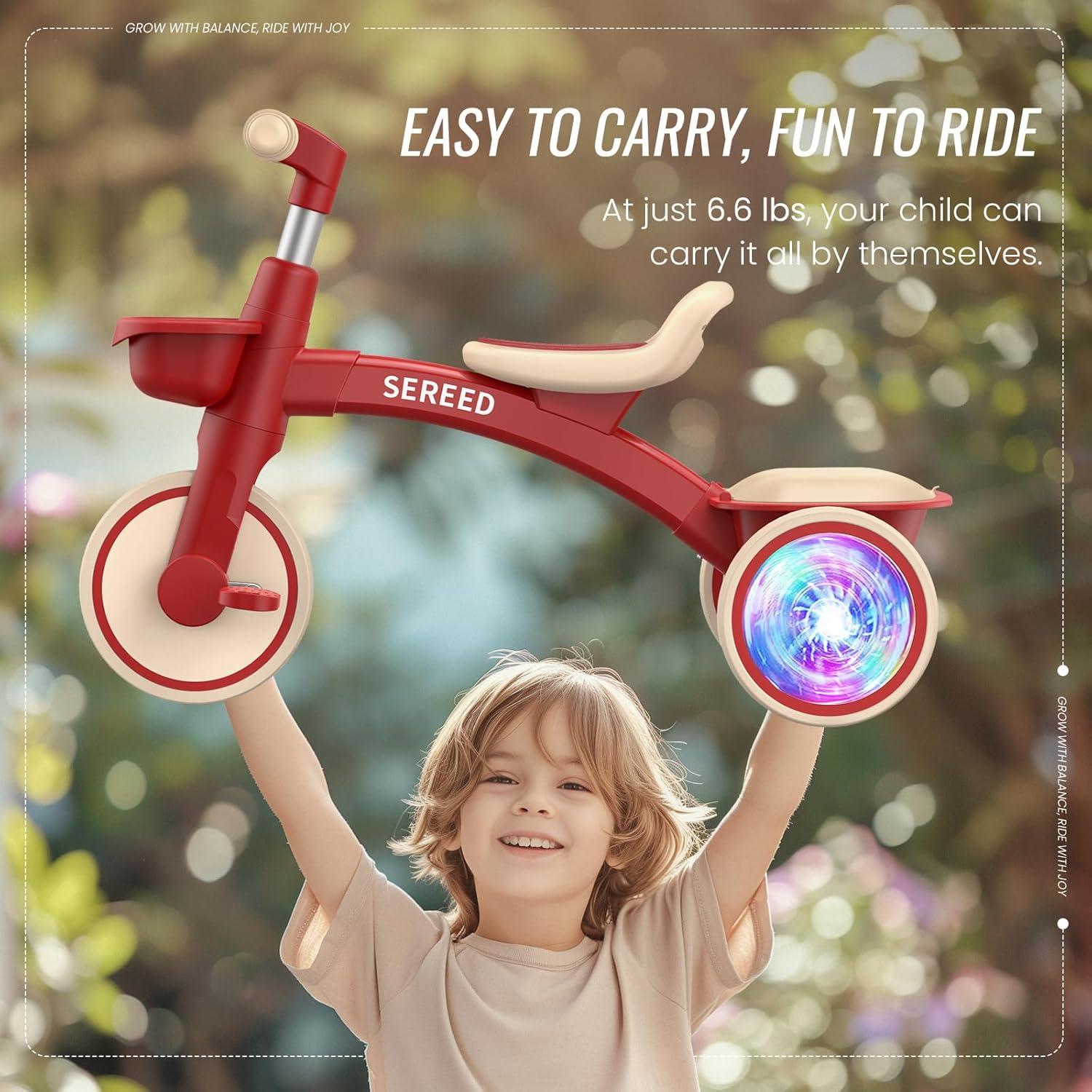 imageSEREED Colorful Lighting Toddler Tricycle for 25 Years Old Boys Adjustable SeatampampHandlebar Trike Removable Basket Birthday Gift Idea for Kids Ages 2 BlackRed