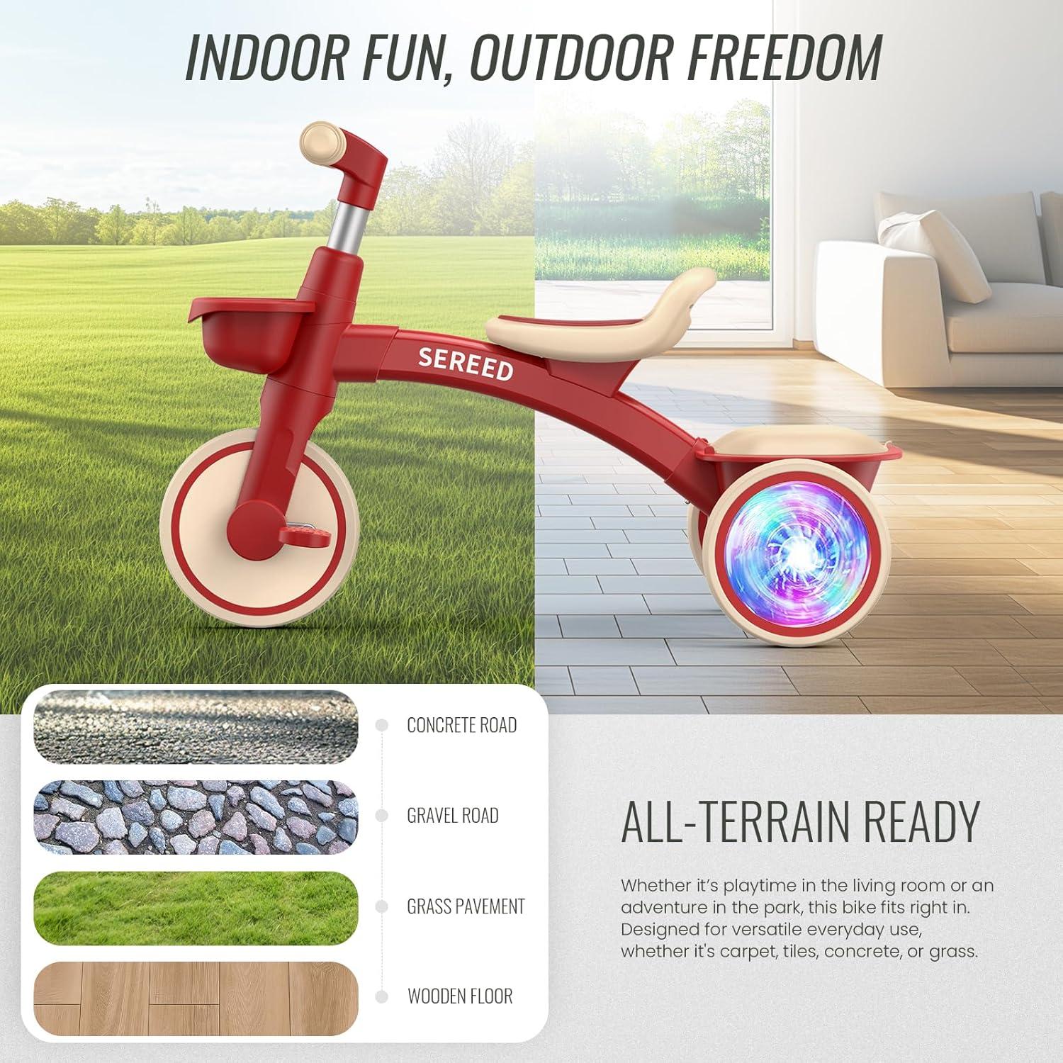 imageSEREED Colorful Lighting Toddler Tricycle for 25 Years Old Boys Adjustable SeatampampHandlebar Trike Removable Basket Birthday Gift Idea for Kids Ages 2 BlackRed