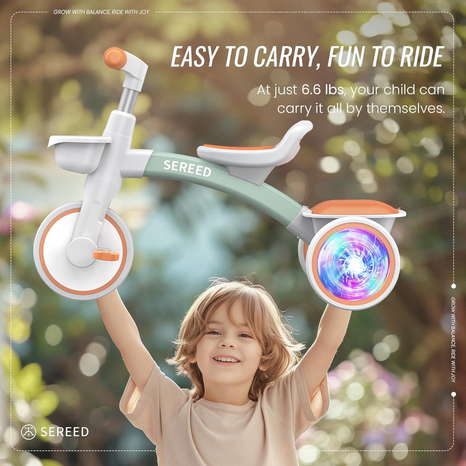 imageSEREED Colorful Lighting Toddler Tricycle for 25 Years Old Boys Adjustable SeatampampHandlebar Trike Removable Basket Birthday Gift Idea for Kids Ages 2 BlackGreen