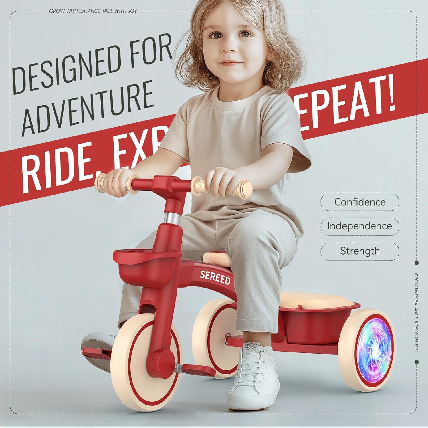 imageSEREED Colorful Lighting Toddler Tricycle for 25 Years Old Boys Adjustable SeatampampHandlebar Trike Removable Basket Birthday Gift Idea for Kids Ages 2 BlackRed