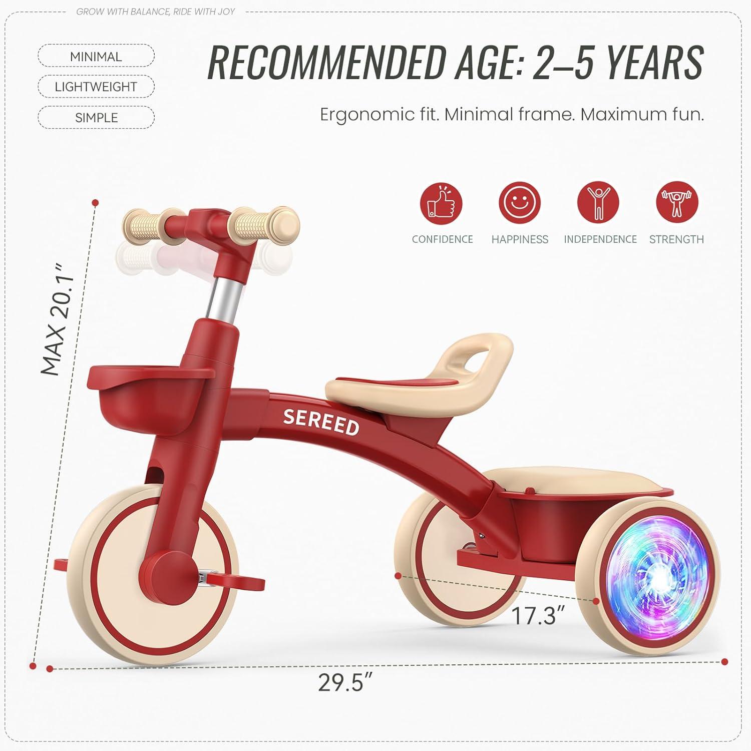 imageSEREED Colorful Lighting Toddler Tricycle for 25 Years Old Boys Adjustable SeatampampHandlebar Trike Removable Basket Birthday Gift Idea for Kids Ages 2 BlackRed