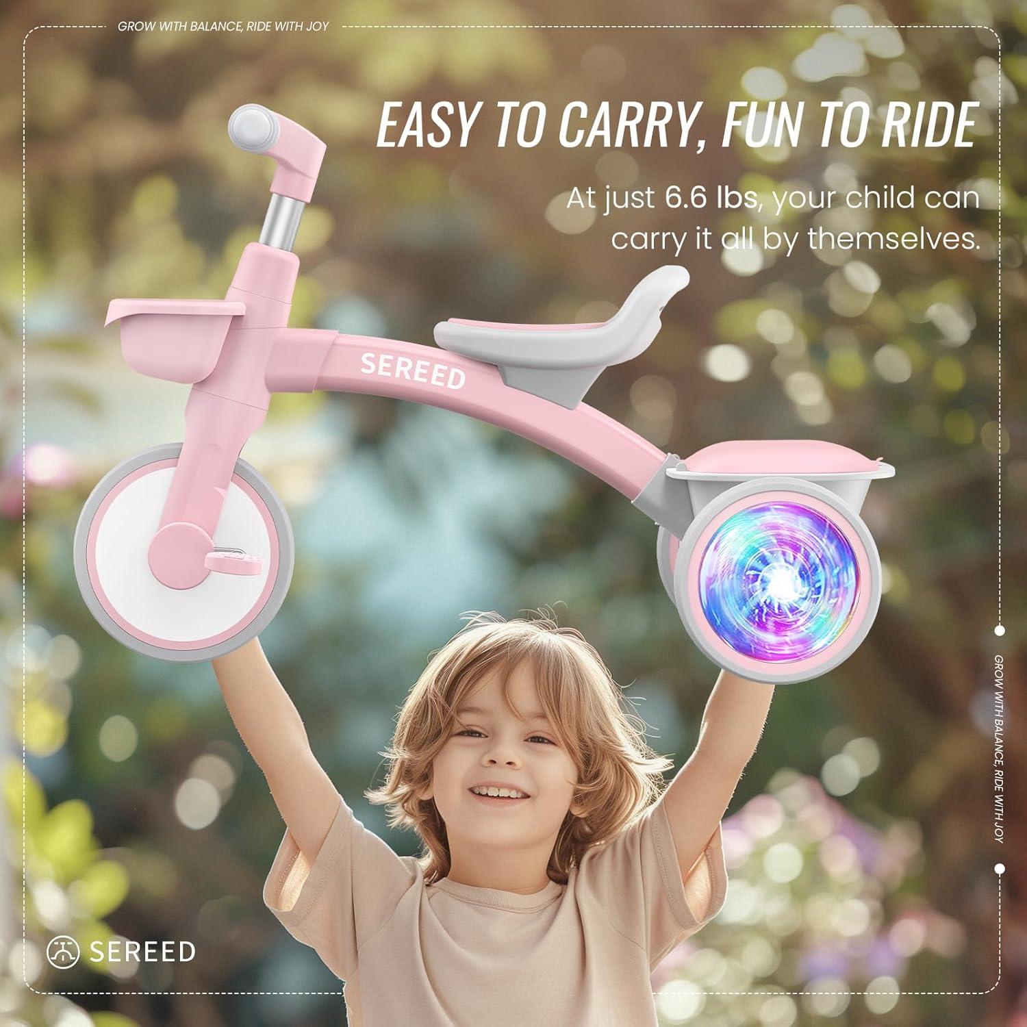 imageSEREED Colorful Lighting Toddler Tricycle for 25 Years Old Boys Adjustable SeatampampHandlebar Trike Removable Basket Birthday Gift Idea for Kids Ages 2 BlackPink