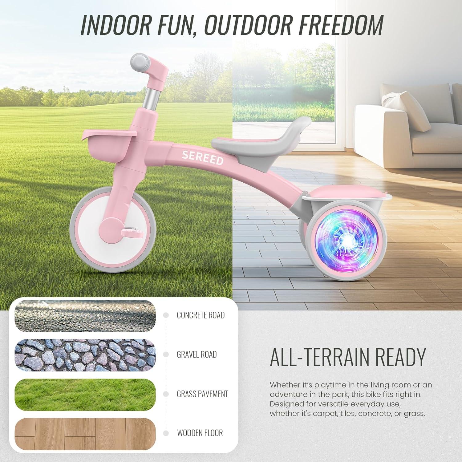 imageSEREED Colorful Lighting Toddler Tricycle for 25 Years Old Boys Adjustable SeatampampHandlebar Trike Removable Basket Birthday Gift Idea for Kids Ages 2 BlackPink