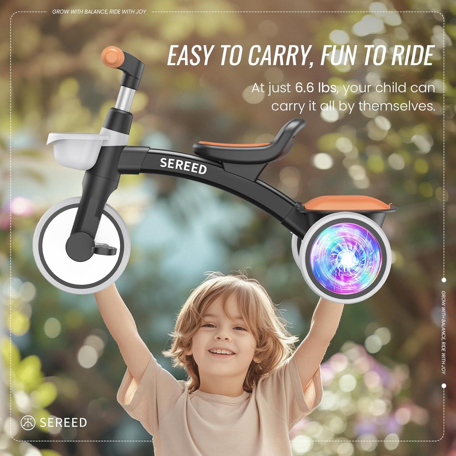 imageSEREED Colorful Lighting Toddler Tricycle for 25 Years Old Boys Adjustable SeatampampHandlebar Trike Removable Basket Birthday Gift Idea for Kids Ages 2 BlackBlack
