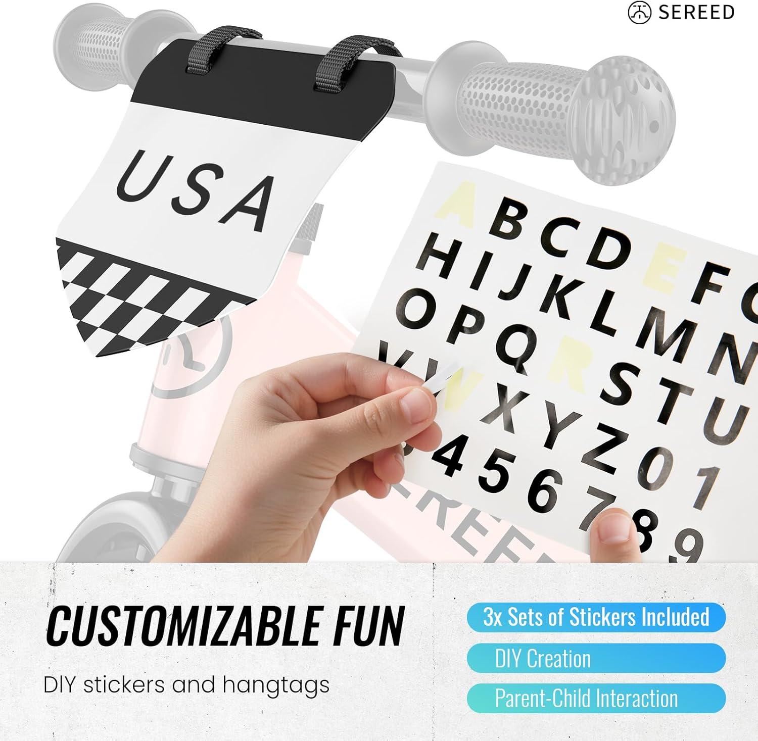 imageSEREED Toddler Balance Bike 2 Year Old No Pedal Kids Bicycle Toys for 25 Years Old ToolFree Adjustment Customize Plate with Stickers Gift for 23 Boys Girls WhitePink