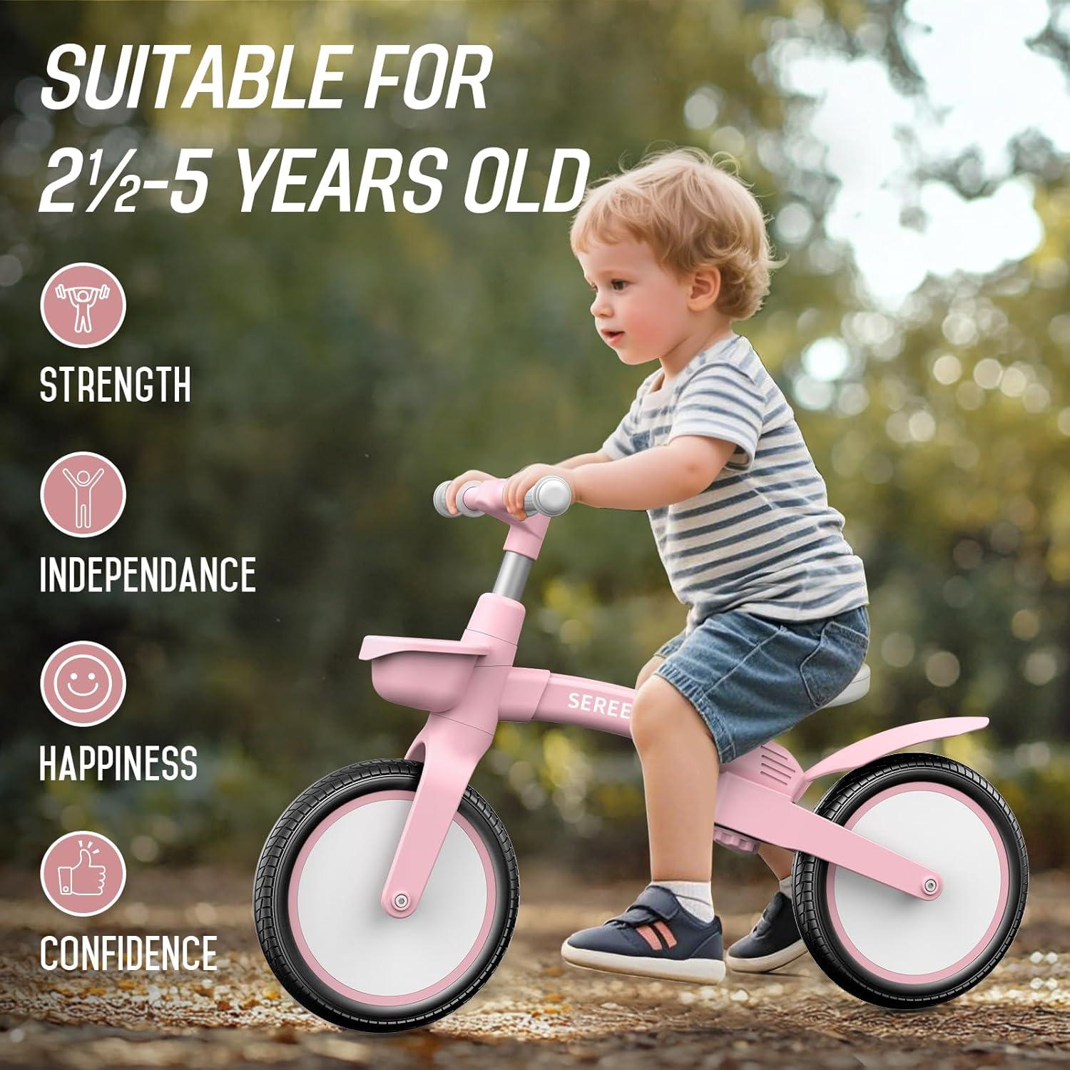 imageSEREED Toddler Balance Bike 25 Year Old 12 Inch Adjustable Folding Kids Bike Toy with Basket Birthday Gift for Age 3 4 5 Boys Girls ToolFree Assembly No Pedal BlackPink