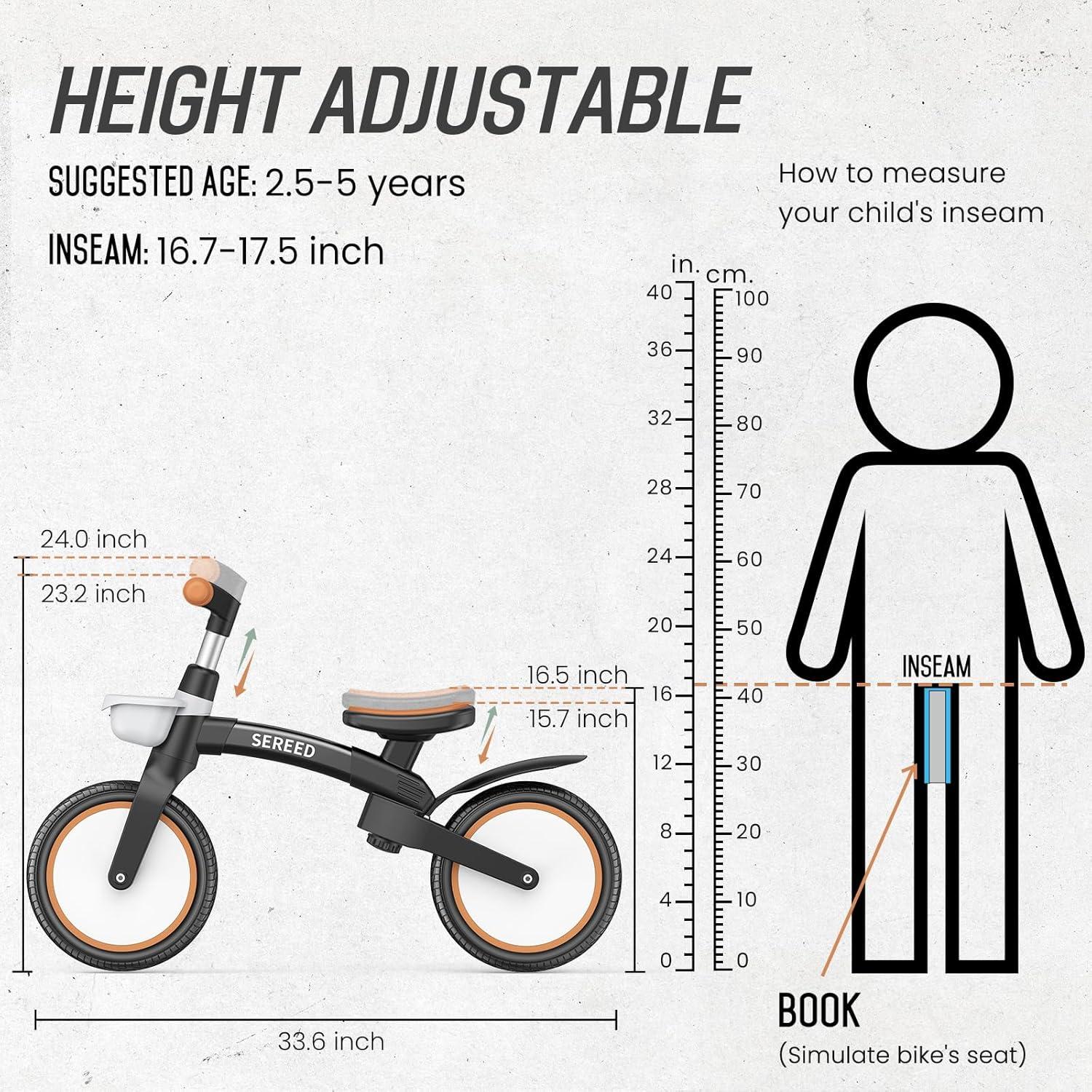 imageSEREED Toddler Balance Bike 25 Year Old 12 Inch Adjustable Folding Kids Bike Toy with Basket Birthday Gift for Age 3 4 5 Boys Girls ToolFree Assembly No Pedal BlackBlack