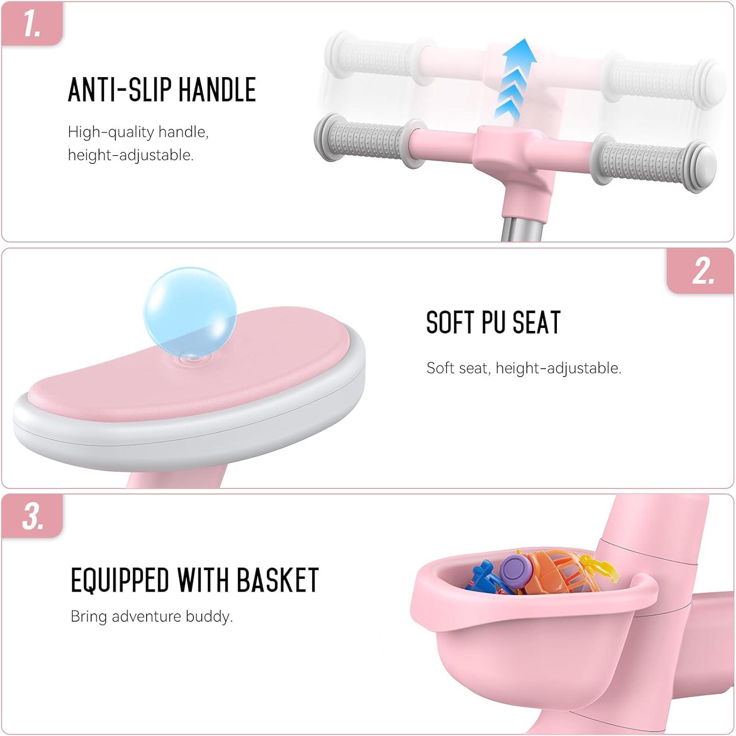 imageSEREED Toddler Balance Bike 25 Year Old 12 Inch Adjustable Folding Kids Bike Toy with Basket Birthday Gift for Age 3 4 5 Boys Girls ToolFree Assembly No Pedal BlackPink