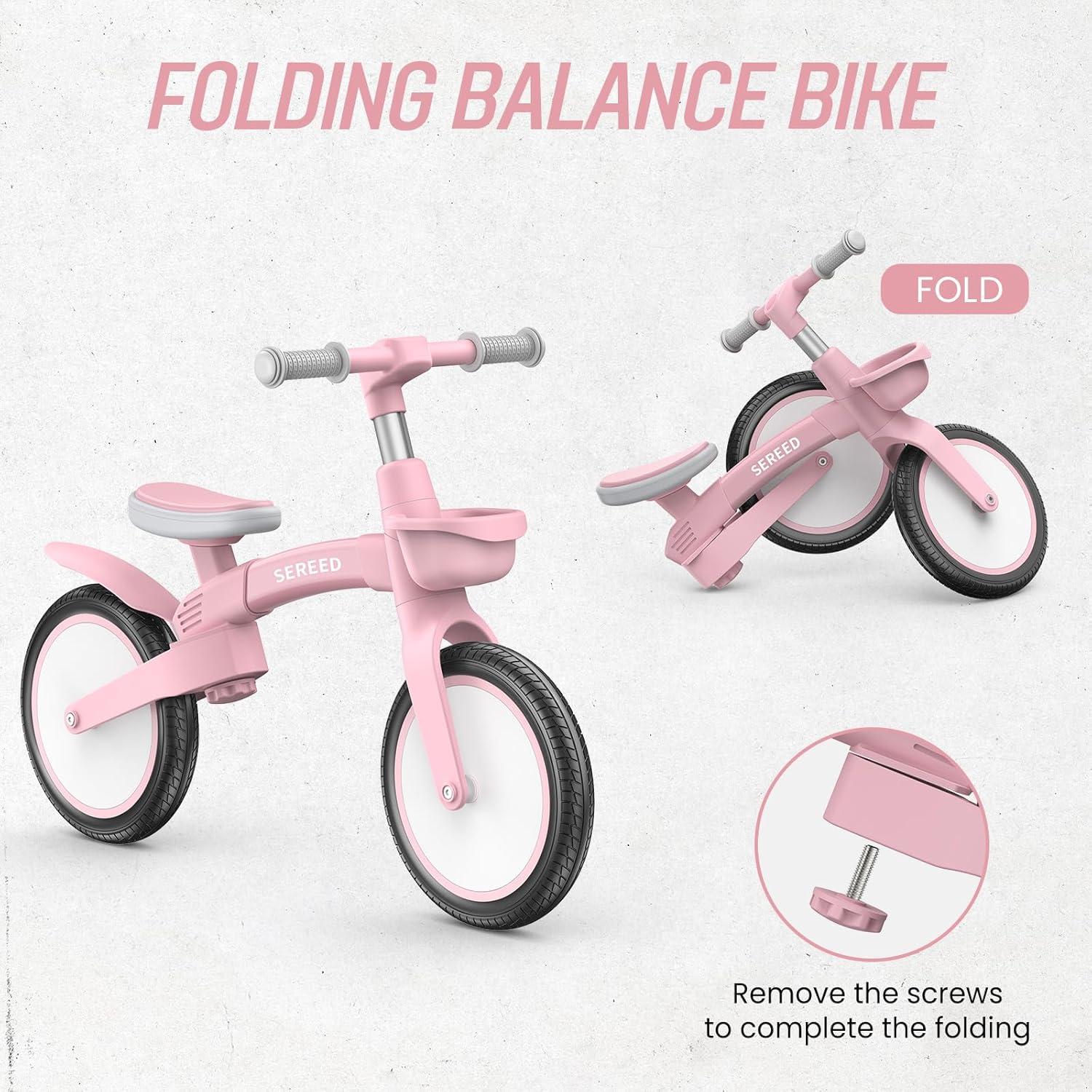 imageSEREED Toddler Balance Bike 25 Year Old 12 Inch Adjustable Folding Kids Bike Toy with Basket Birthday Gift for Age 3 4 5 Boys Girls ToolFree Assembly No Pedal BlackPink