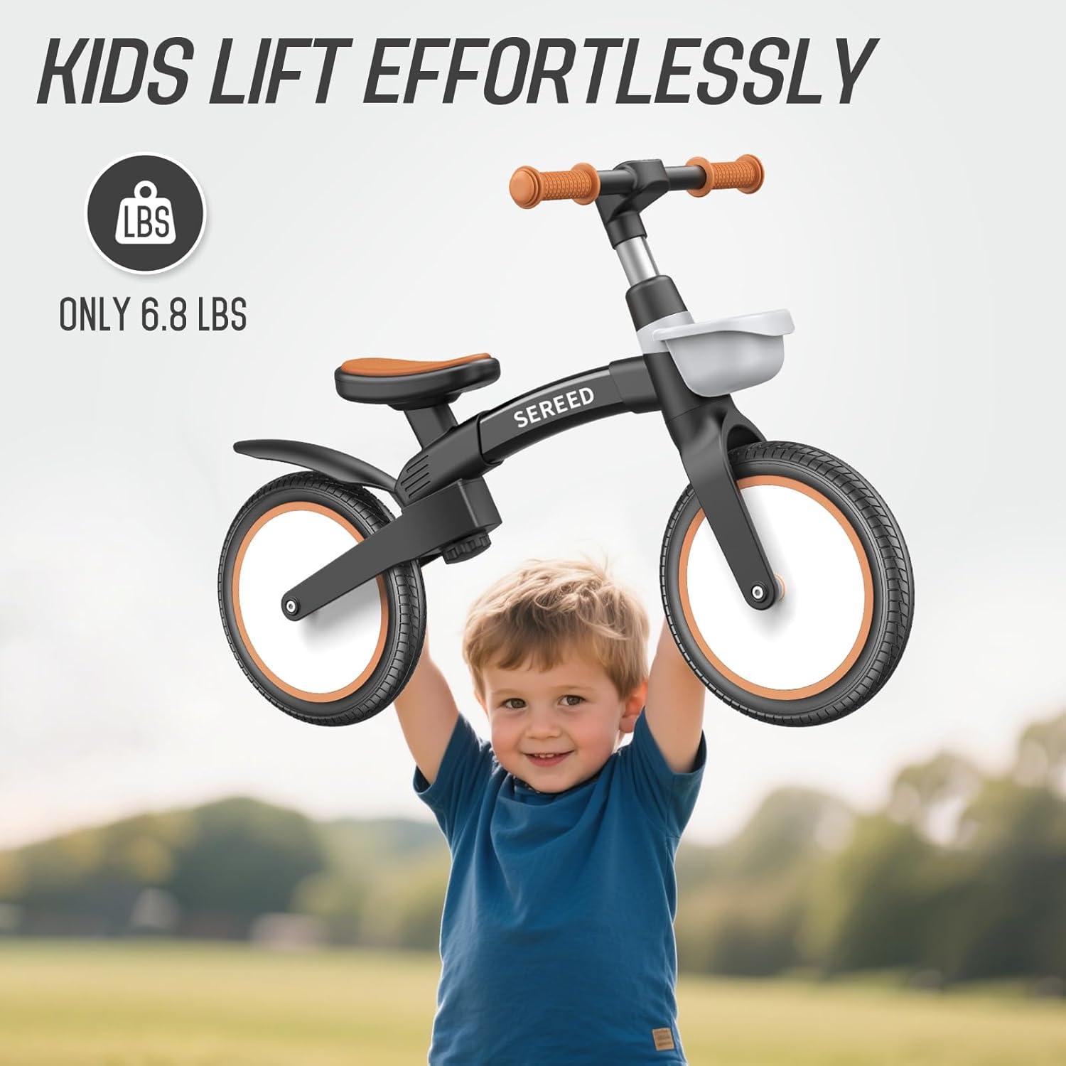 imageSEREED Toddler Balance Bike 25 Year Old 12 Inch Adjustable Folding Kids Bike Toy with Basket Birthday Gift for Age 3 4 5 Boys Girls ToolFree Assembly No Pedal BlackBlack