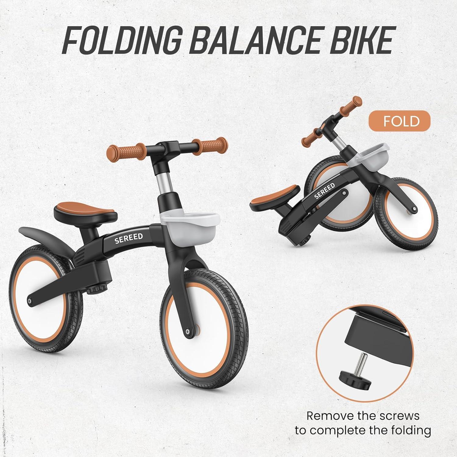imageSEREED Toddler Balance Bike 25 Year Old 12 Inch Adjustable Folding Kids Bike Toy with Basket Birthday Gift for Age 3 4 5 Boys Girls ToolFree Assembly No Pedal BlackBlack