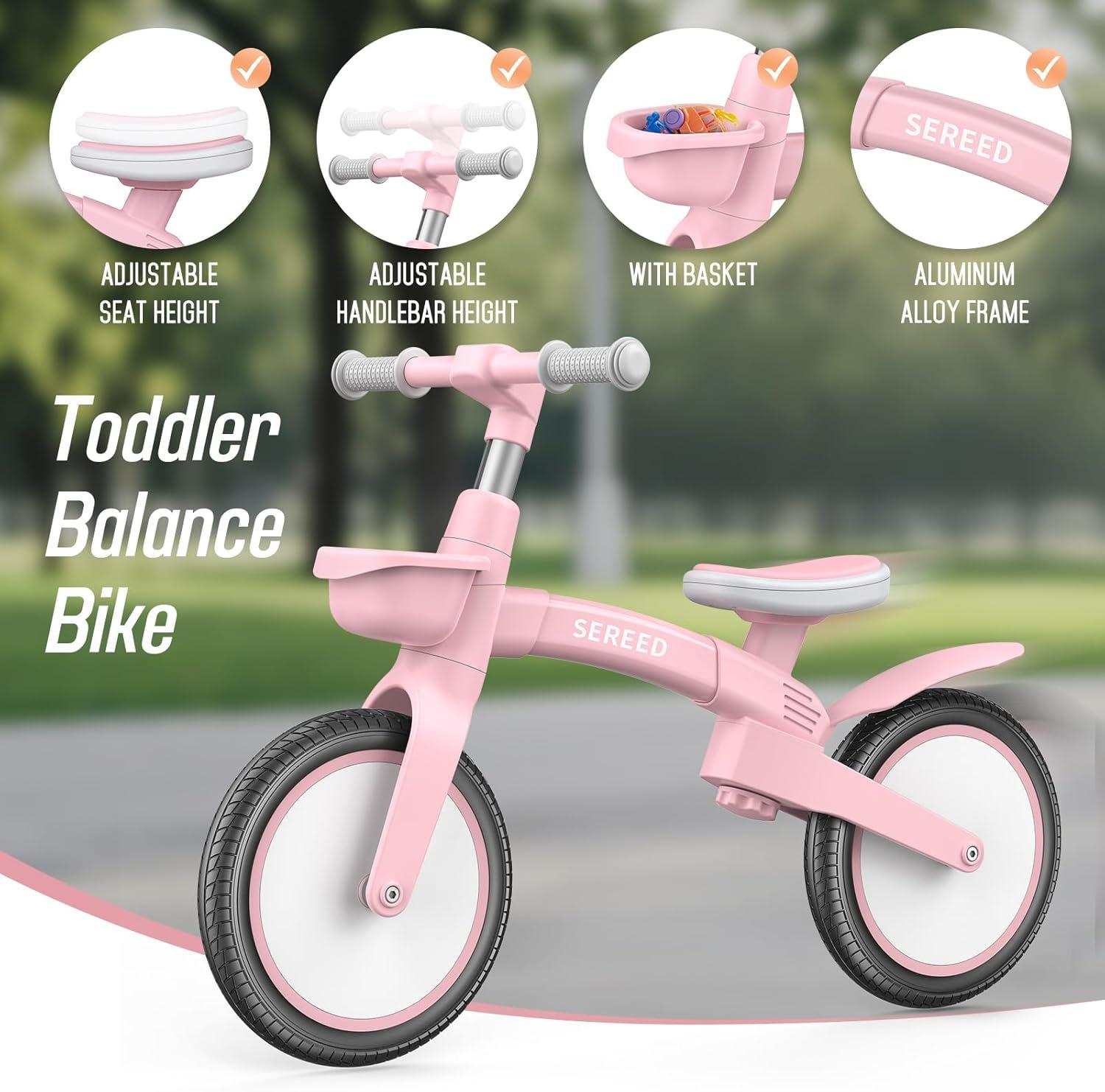 imageSEREED Toddler Balance Bike 25 Year Old 12 Inch Adjustable Folding Kids Bike Toy with Basket Birthday Gift for Age 3 4 5 Boys Girls ToolFree Assembly No Pedal BlackPink
