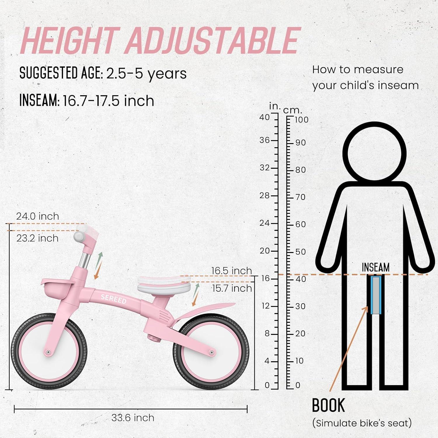 imageSEREED Toddler Balance Bike 25 Year Old 12 Inch Adjustable Folding Kids Bike Toy with Basket Birthday Gift for Age 3 4 5 Boys Girls ToolFree Assembly No Pedal BlackPink
