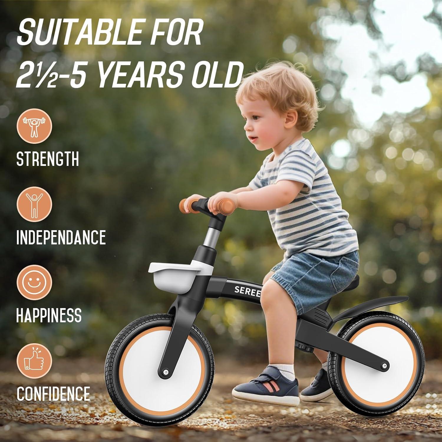 imageSEREED Toddler Balance Bike 25 Year Old 12 Inch Adjustable Folding Kids Bike Toy with Basket Birthday Gift for Age 3 4 5 Boys Girls ToolFree Assembly No Pedal BlackBlack