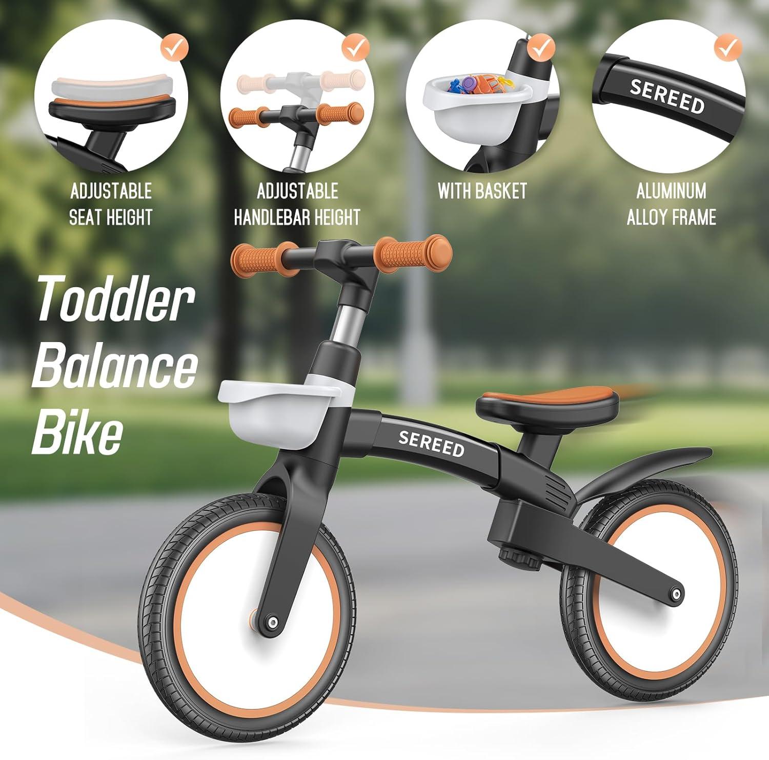 imageSEREED Toddler Balance Bike 25 Year Old 12 Inch Adjustable Folding Kids Bike Toy with Basket Birthday Gift for Age 3 4 5 Boys Girls ToolFree Assembly No Pedal BlackBlack