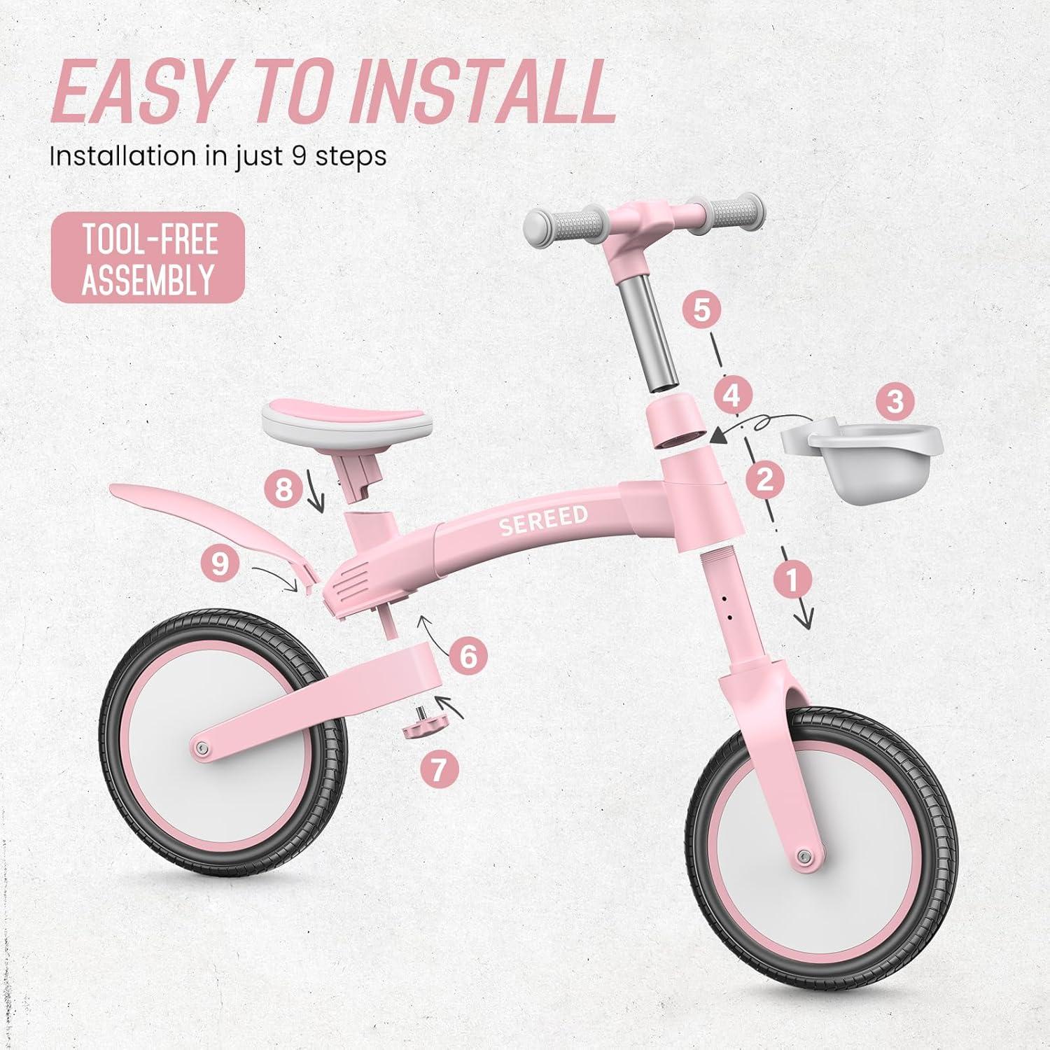 imageSEREED Toddler Balance Bike 25 Year Old 12 Inch Adjustable Folding Kids Bike Toy with Basket Birthday Gift for Age 3 4 5 Boys Girls ToolFree Assembly No Pedal BlackPink