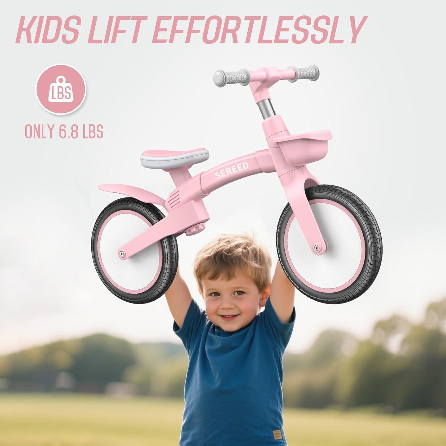 imageSEREED Toddler Balance Bike 25 Year Old 12 Inch Adjustable Folding Kids Bike Toy with Basket Birthday Gift for Age 3 4 5 Boys Girls ToolFree Assembly No Pedal BlackPink