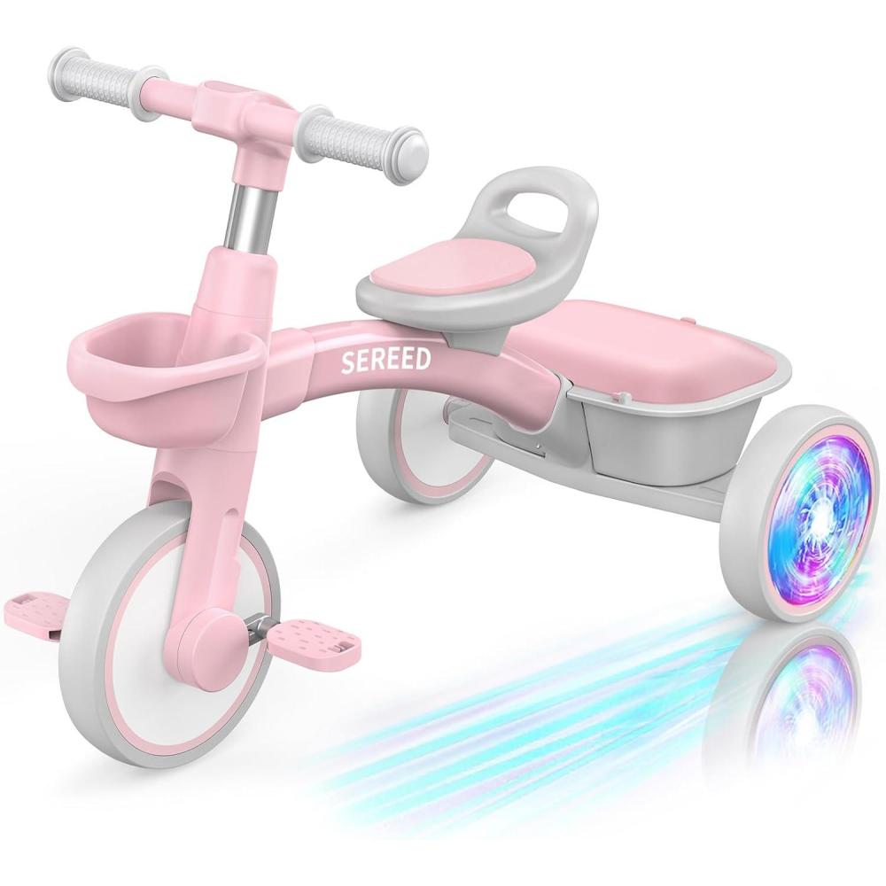 imageSEREED Colorful Lighting Toddler Tricycle for 25 Years Old Boys Adjustable SeatampampHandlebar Trike Removable Basket Birthday Gift Idea for Kids Ages 2 BlackPink