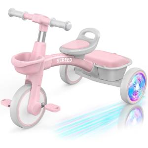 imageSEREED Colorful Lighting Toddler Tricycle for 25 Years Old Boys Adjustable SeatampampHandlebar Trike Removable Basket Birthday Gift Idea for Kids Ages 2 BlackPink