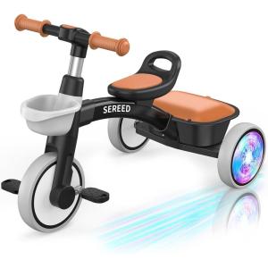 imageSEREED Colorful Lighting Toddler Tricycle for 25 Years Old Boys Adjustable SeatampampHandlebar Trike Removable Basket Birthday Gift Idea for Kids Ages 2 BlackBlack
