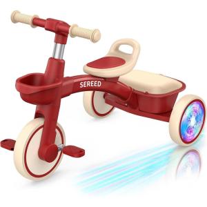 imageSEREED Colorful Lighting Toddler Tricycle for 25 Years Old Boys Adjustable SeatampampHandlebar Trike Removable Basket Birthday Gift Idea for Kids Ages 2 BlackRed