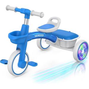 imageSEREED Colorful Lighting Toddler Tricycle for 25 Years Old Boys Girls Adjustable SeatampampHandlebar Trike Removable Basket Birthday Gift Idea for Kids Ages 2 BlueBlue