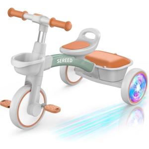 imageSEREED Colorful Lighting Toddler Tricycle for 25 Years Old Boys Girls Adjustable SeatampampHandlebar Trike Removable Basket Birthday Gift Idea for Kids Ages 2 BlueGreen