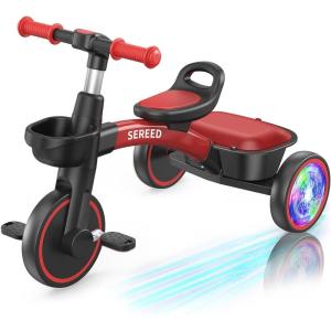 imageSEREED Colorful Lighting Toddler Tricycle for 25 Years Old Boys Adjustable SeatampampHandlebar Trike Removable Basket Birthday Gift Idea for Kids Ages 2 BlackRed Black